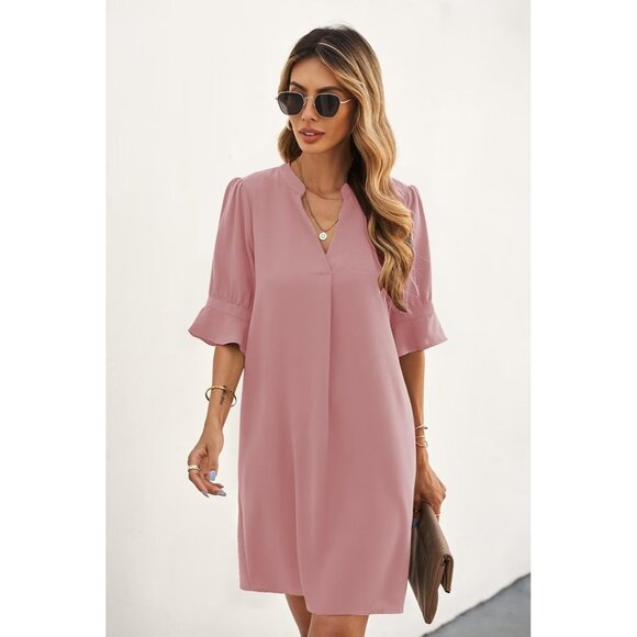 Women Dusty Pink Polyester V-Neck Loose Fit Short Sleeve Knee Length Shift Dress - Picture 3 of 6